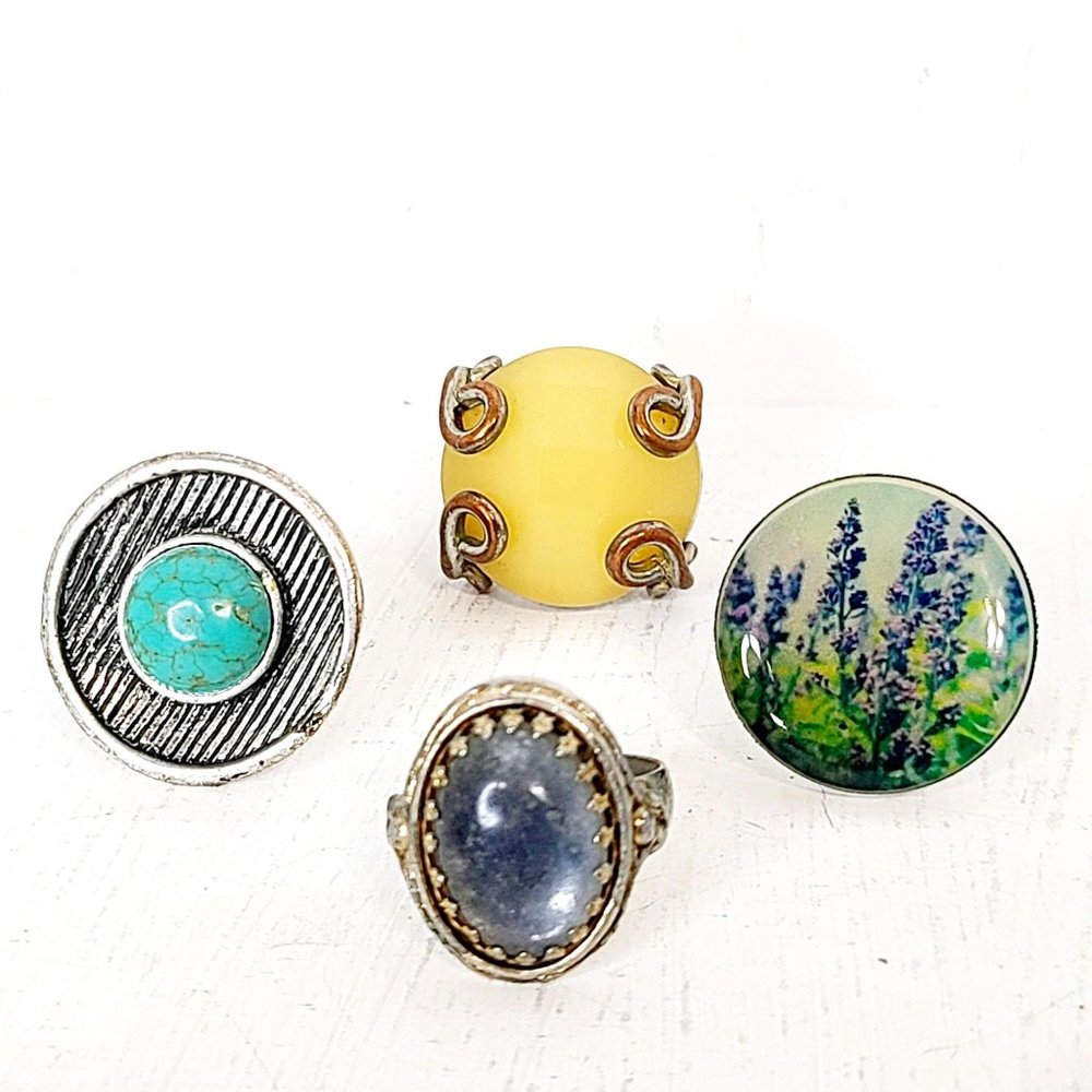 Lot of 4 Vintage Adjustable Fashion Rings, Enamel, Turquoise, GUC